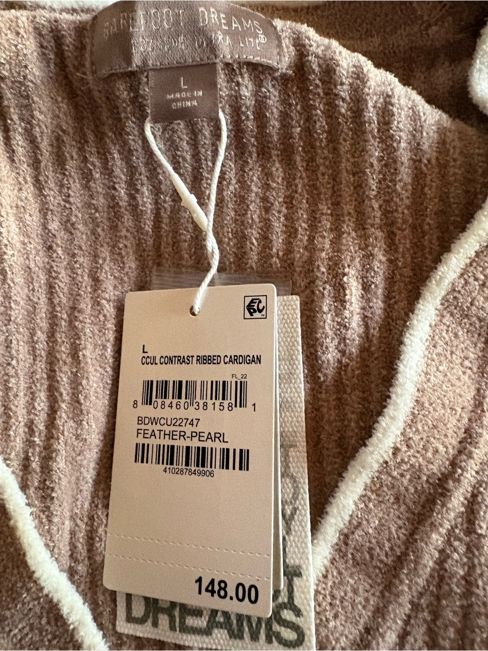Barefoot Dreams Ribbed Contrast Cardigan - Feather-Pearl with Cream Trim